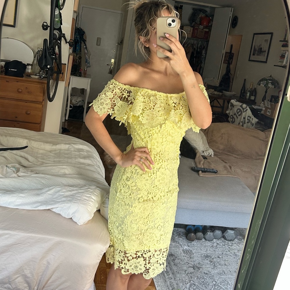 Yellow lace midi dress
